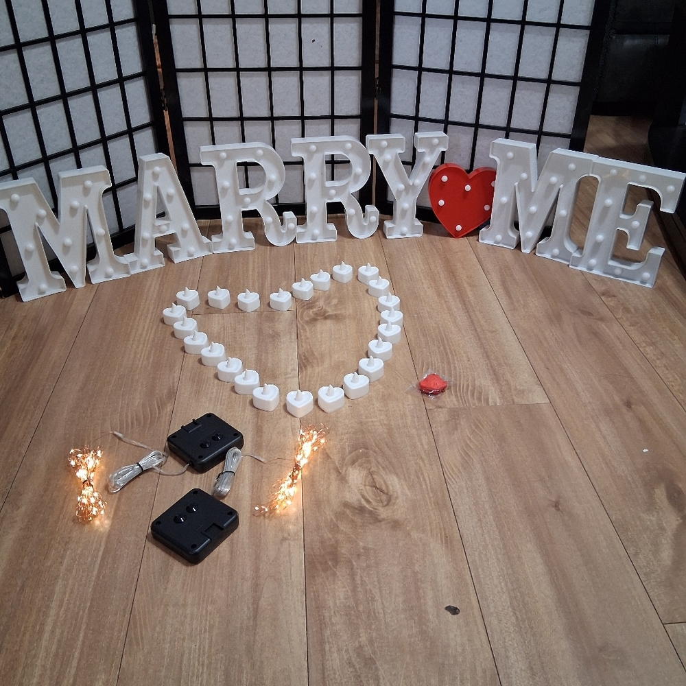 LED Letter Light with Heart Candle and Rose Petal Marry Me